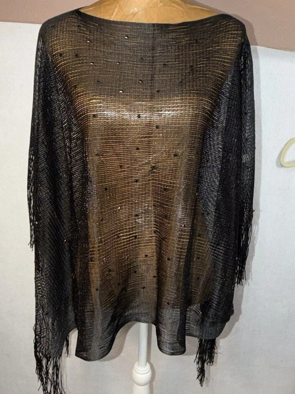NWT New shimmer black loose knit semi sheer poncho shawl coverup fringe One Size
